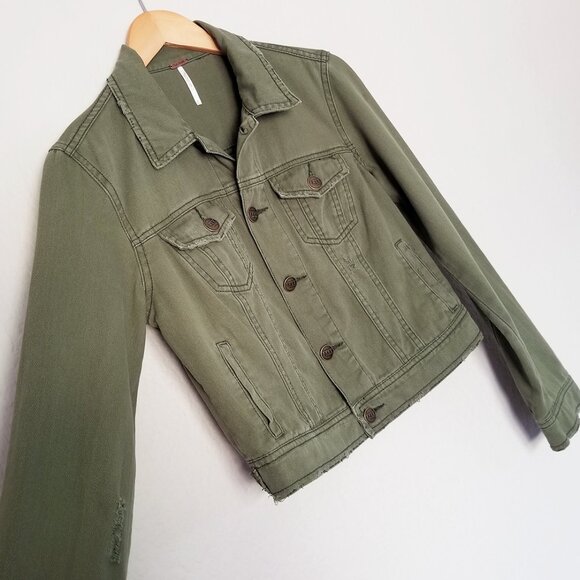 Free People Olive Army Green Distressed Crop Denim Jacket Size 4 100% Cotton - Picture 6 of 15